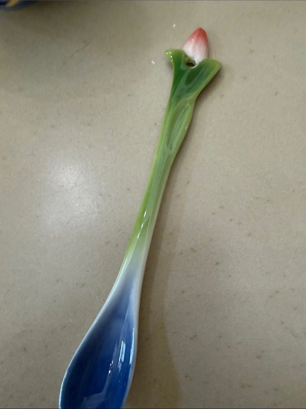 Pier 1 Blue Floral Ceramic Bowl with Pink Flower Chip Rest and Blue Spoon